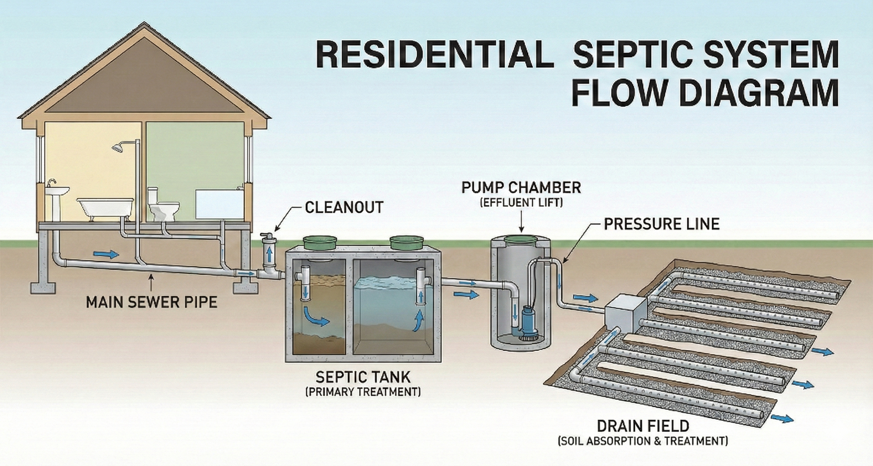 Septic System Flow Diagram: House to Drainfield
