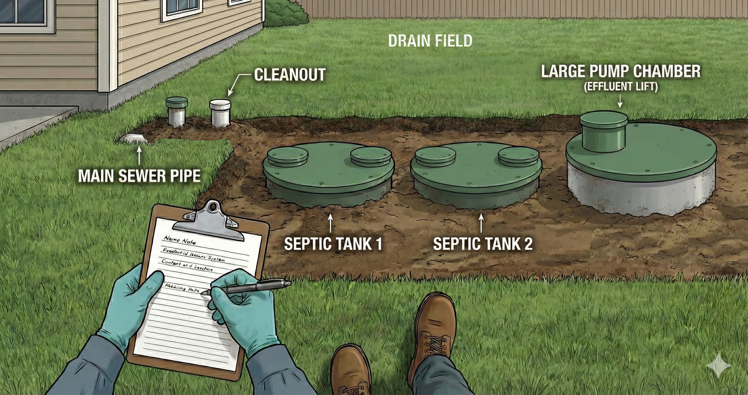 Septic System Flow Diagram: House to Drainfield